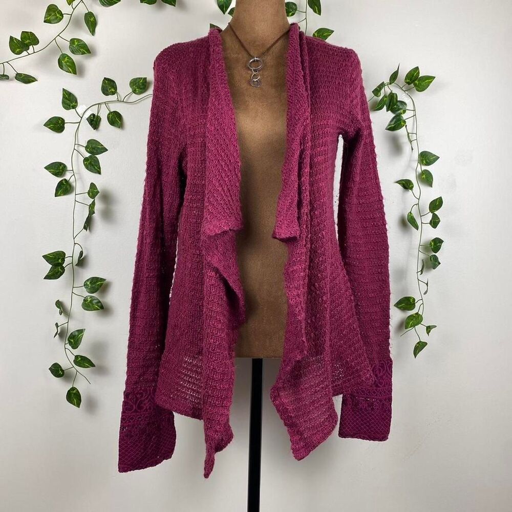 M plum knitwear cardigan lace sleeve ruffle asymmetrical boho whimsy fairy twee